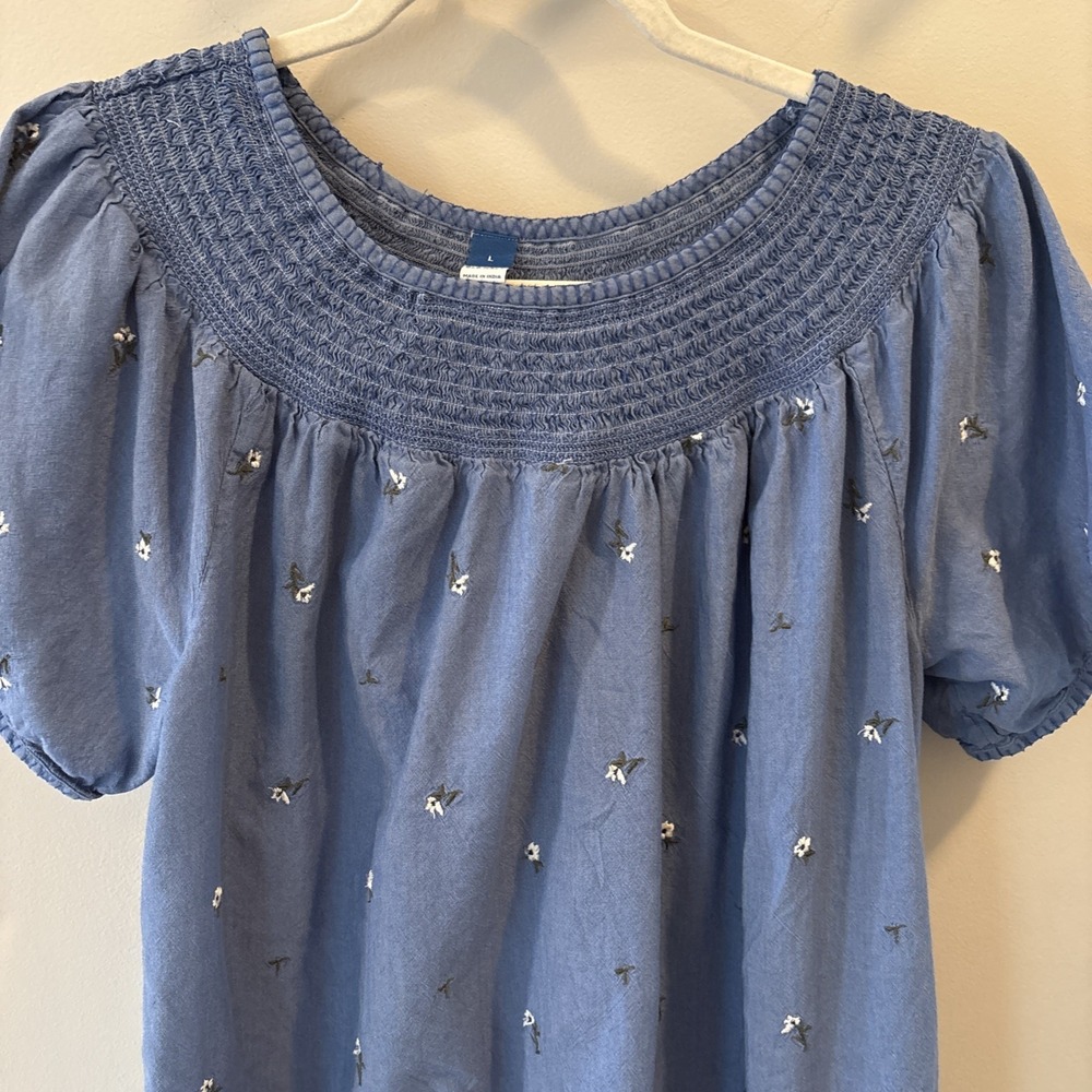 Smocked Neck Womens Blue Cotton Flower Cottagecore dress Large - Picture 2 of 6
